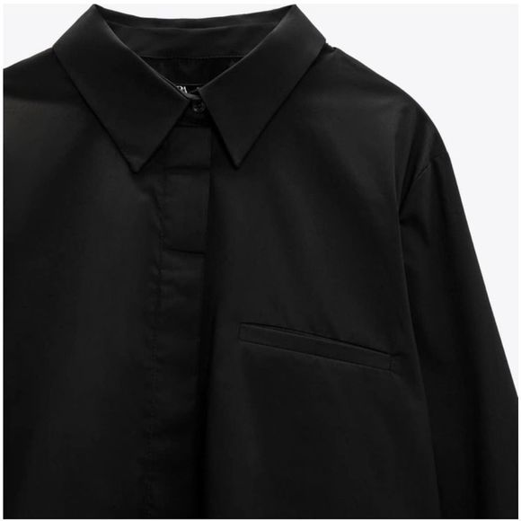 Zara NWT Long Sleeve Cropped Button Down Shirt Blouse Black Size XS Front Pocket - Picture 7 of 8